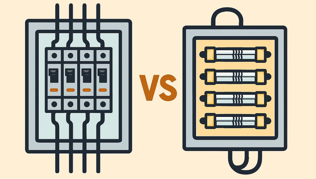 Illustration comparing circuit breakers and fuse boxes used in commercial and industrial electrical systems